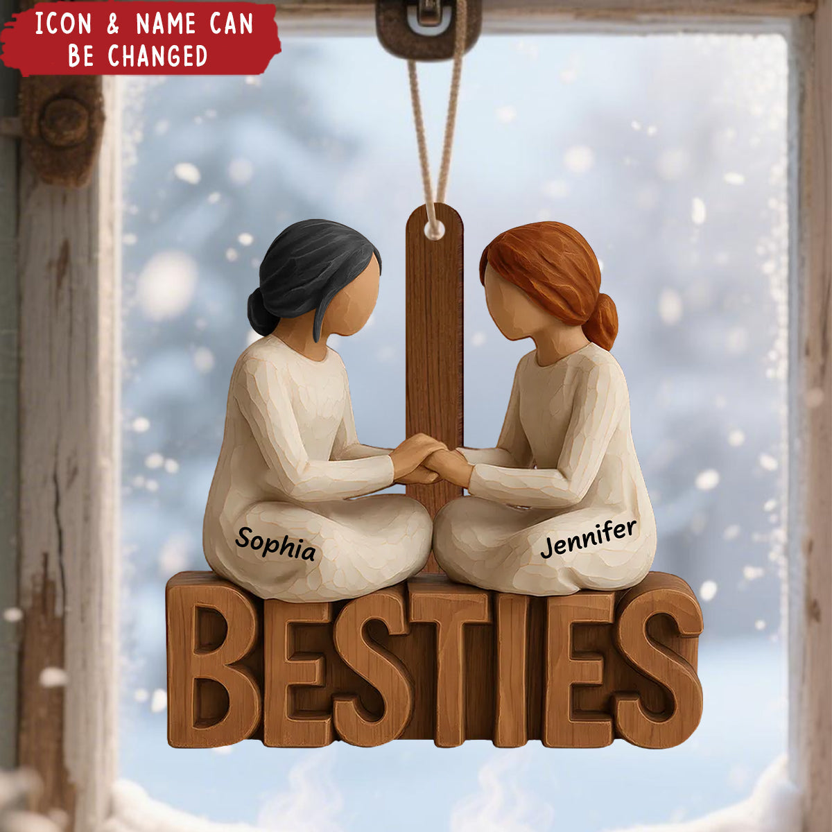 Personalized Wooden Xmas Besties Forever Together Ornament With Names & Hair Color | Unique Gift For Best Friend
