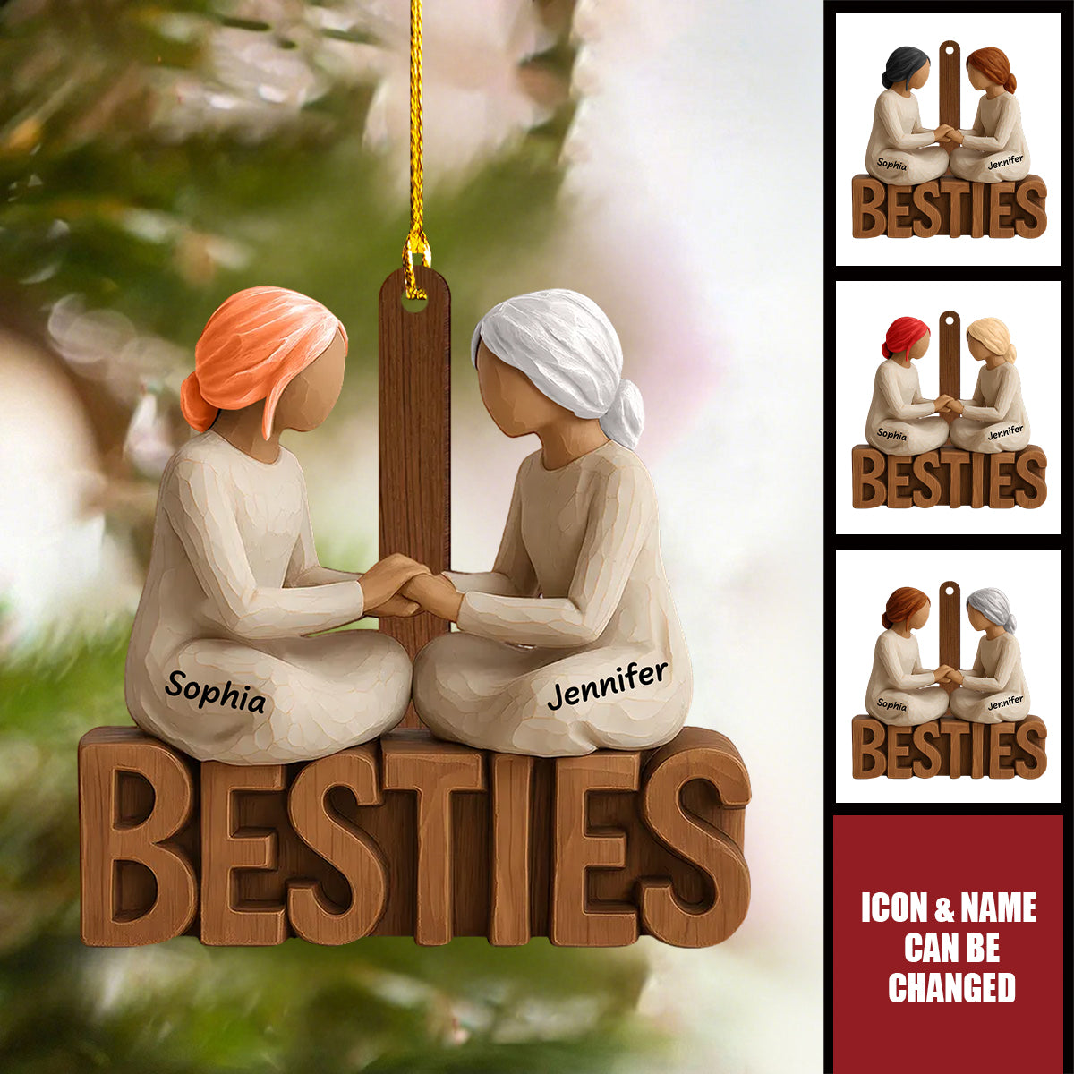 Personalized Wooden Xmas Besties Forever Together Ornament With Names & Hair Color | Unique Gift For Best Friend