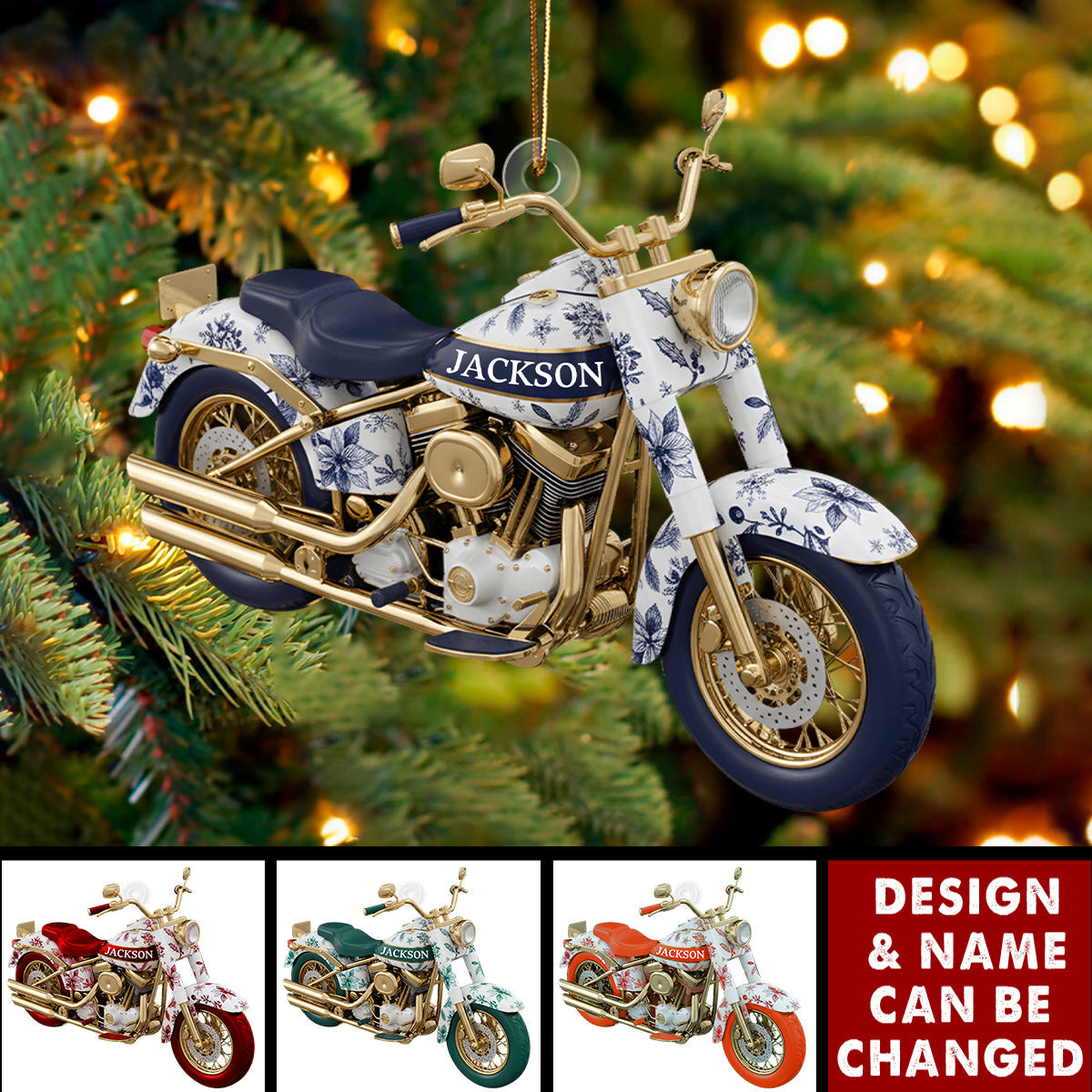 Personalized Motorcycle Christmas Ornament With Name | Toile De Jouy Classic Print | Xmas Gift For Bikers
