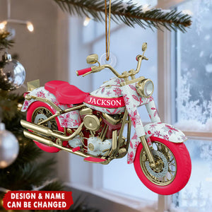 Personalized Motorcycle Christmas Ornament With Name | Toile De Jouy Classic Print | Xmas Gift For Bikers