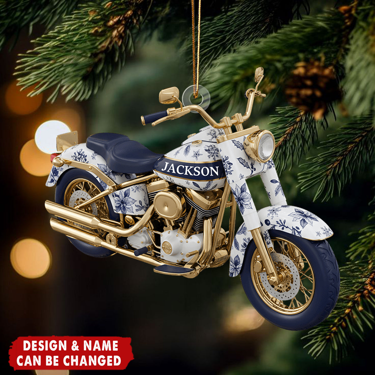 Personalized Motorcycle Christmas Ornament With Name | Toile De Jouy Classic Print | Xmas Gift For Bikers