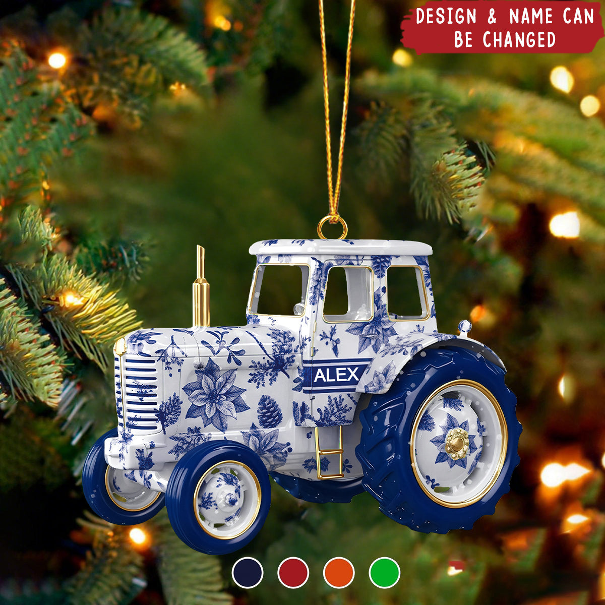 Personalized Acrylic Blue Floral Tractor Ornament With Name - Xmas Decor Farm Vehicle Keepsake For Grandparent