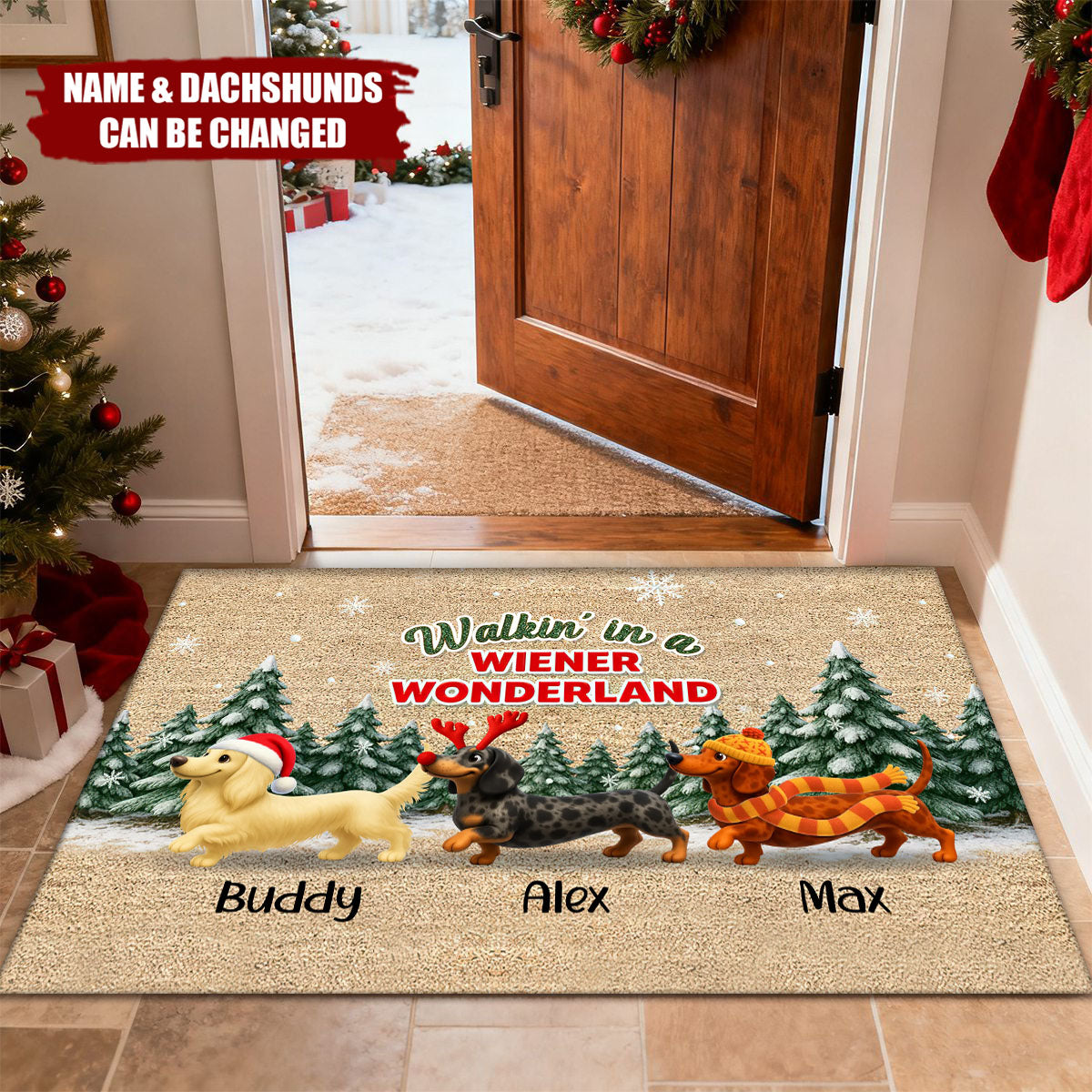 Personalized Dachshund Door Mat With Icons – Xmas Gift Holiday Decor For Dachshund Lovers And Dog Moms / Dads