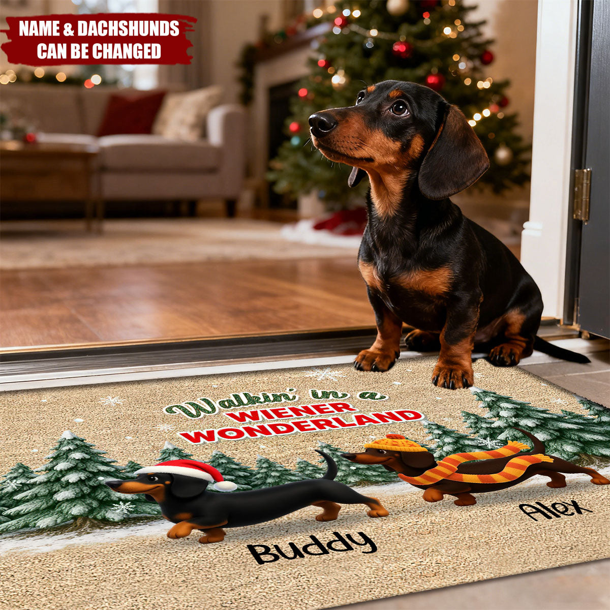 Personalized Dachshund Door Mat With Icons – Xmas Gift Holiday Decor For Dachshund Lovers And Dog Moms / Dads