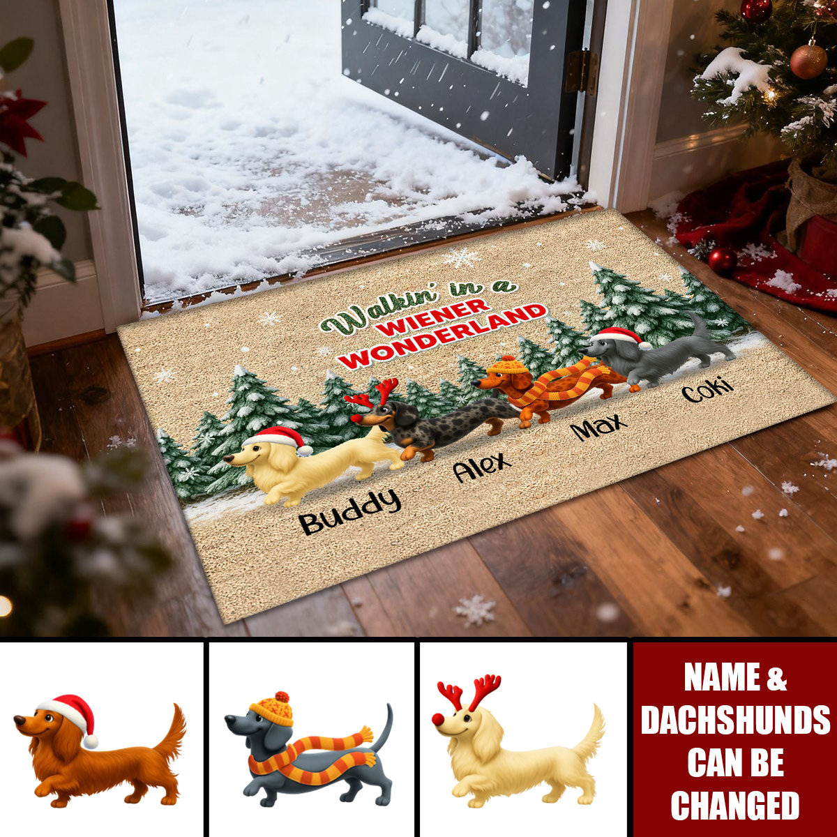 Personalized Dachshund Door Mat With Icons – Xmas Gift Holiday Decor For Dachshund Lovers And Dog Moms / Dads