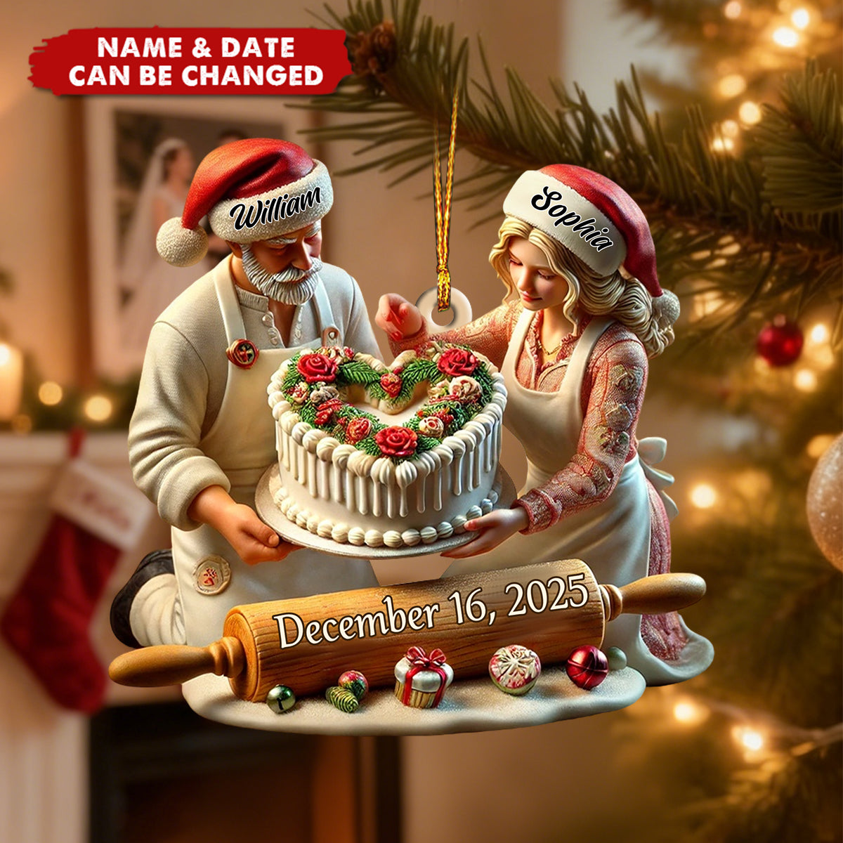 Personalized Baking Couple Christmas Ornament With Names & Date | Heart Cake Keepsake | Newly Baker Or Anniversary Gift For Couple