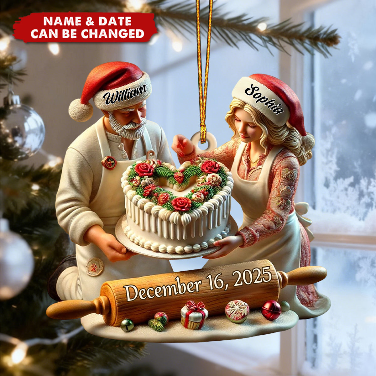 Personalized Baking Couple Christmas Ornament With Names & Date | Heart Cake Keepsake | Newly Baker Or Anniversary Gift For Couple