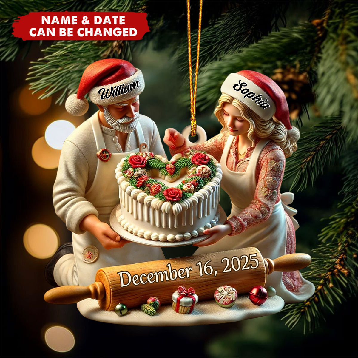 Personalized Baking Couple Christmas Ornament With Names & Date | Heart Cake Keepsake | Newly Baker Or Anniversary Gift For Couple