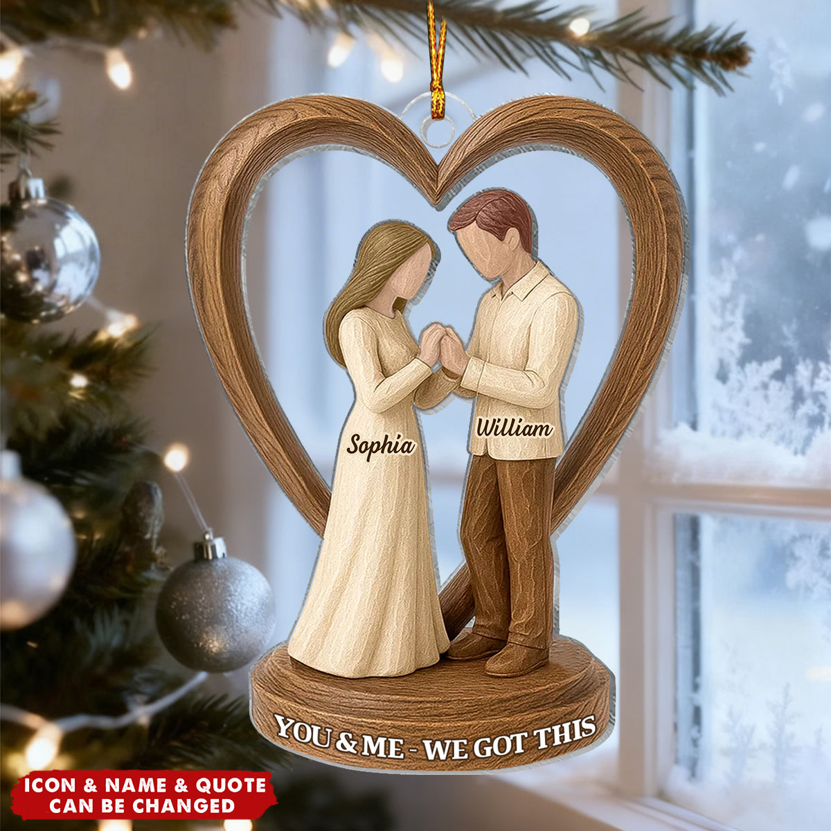 Custom Wedding Figurines Acrylic Ornament in Heart Frame With Names & Icons & Quotes - Xmas Decor Anniversaries For Engaged Couples