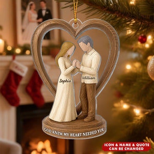 Custom Wedding Figurines Acrylic Ornament in Heart Frame With Names & Icons & Quotes - Xmas Decor Anniversaries For Engaged Couples
