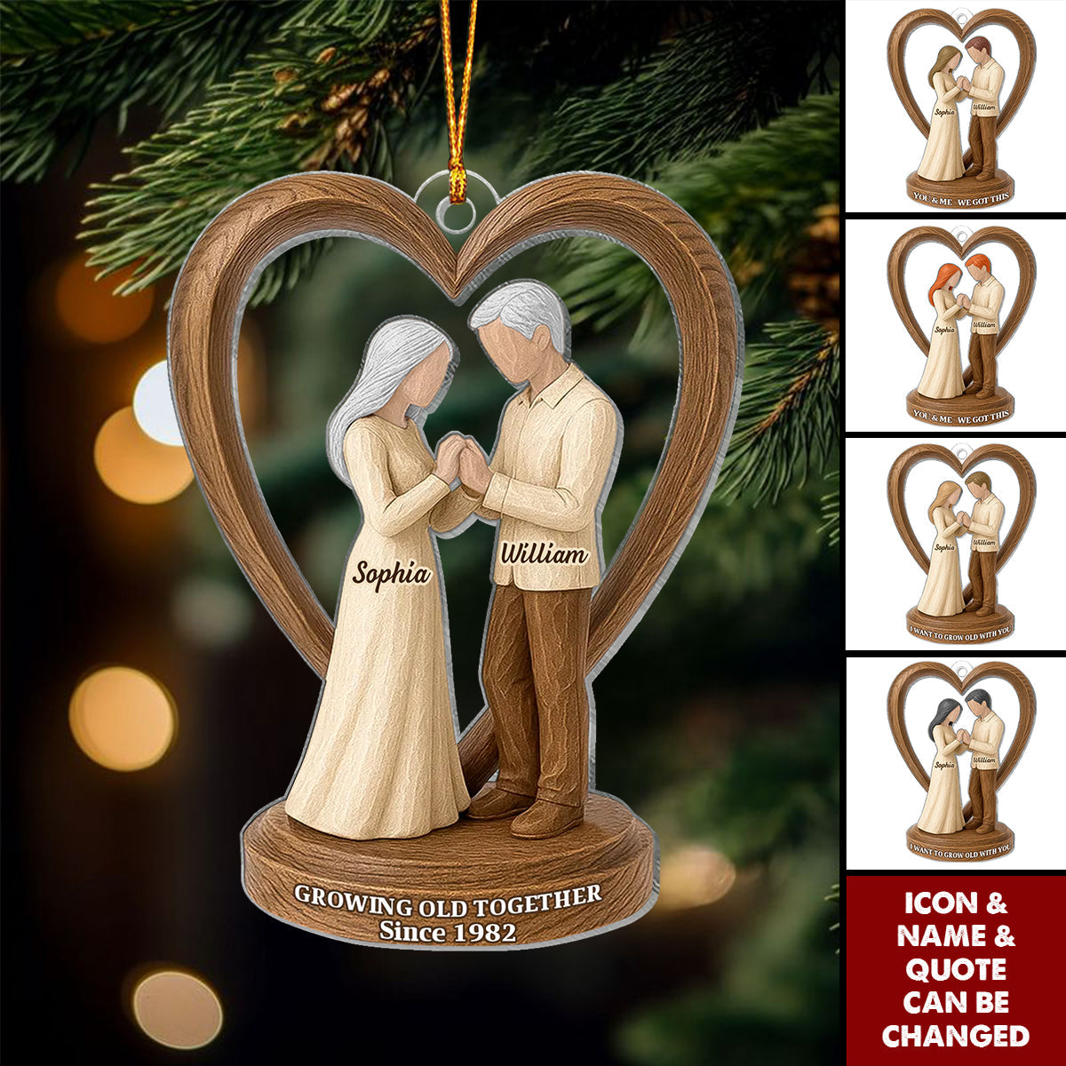 Custom Wedding Figurines Acrylic Ornament in Heart Frame With Names & Icons & Quotes - Xmas Decor Anniversaries For Engaged Couples