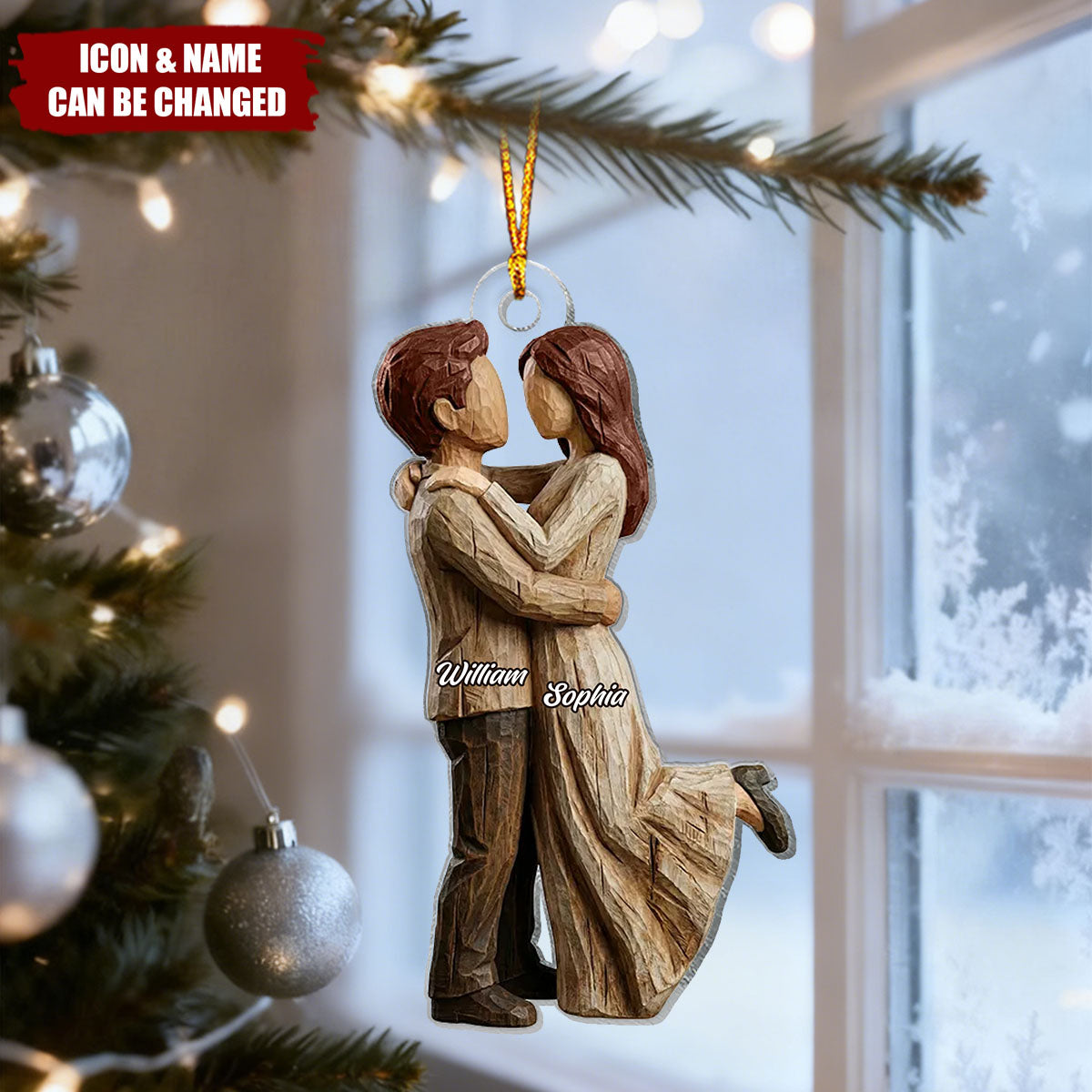 Personalized Name Couple Hugging Acrylic Ornament With Faux Wood Carving Effect - Valentine's Day Keepsake Xmas Gift For Newlyweds