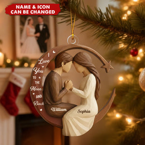 Personalized "I Love You to the Moon and Back" Wooden Effect Acrylic Ornament With Names & Icons - Romantic Christmas Gift for Couple & Newlyweds