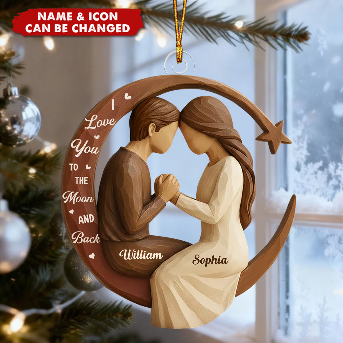 Personalized "I Love You to the Moon and Back" Wooden Effect Acrylic Ornament With Names & Icons - Romantic Christmas Gift for Couple & Newlyweds