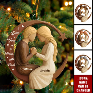 Personalized "I Love You to the Moon and Back" Wooden Effect Acrylic Ornament With Names & Icons - Romantic Christmas Gift for Couple & Newlyweds