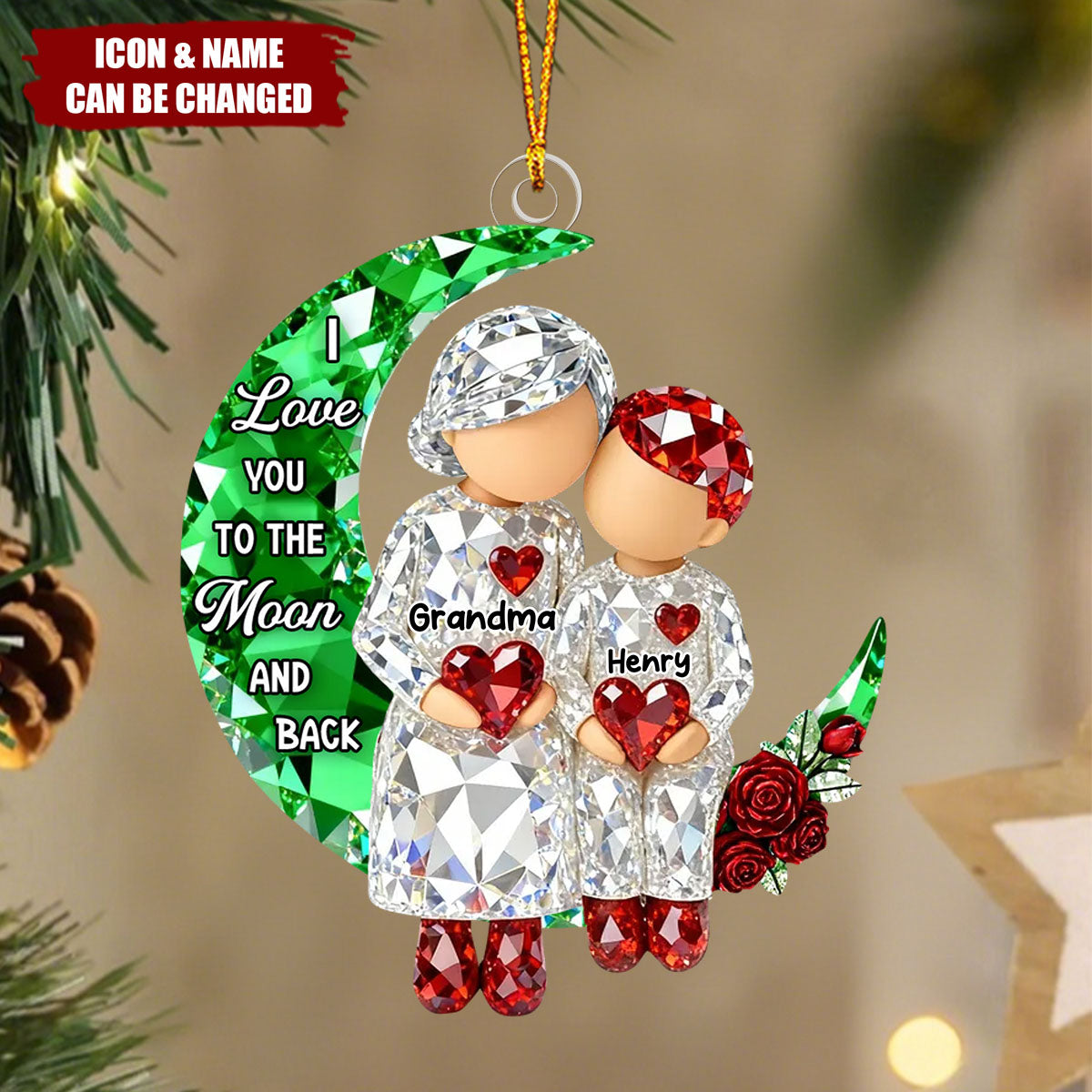 Personalized Grandparent & Grandkid Moon Sitting Acrylic Ornament With Names | 3D Effect - Xmas Birthday Gift For Grandparents