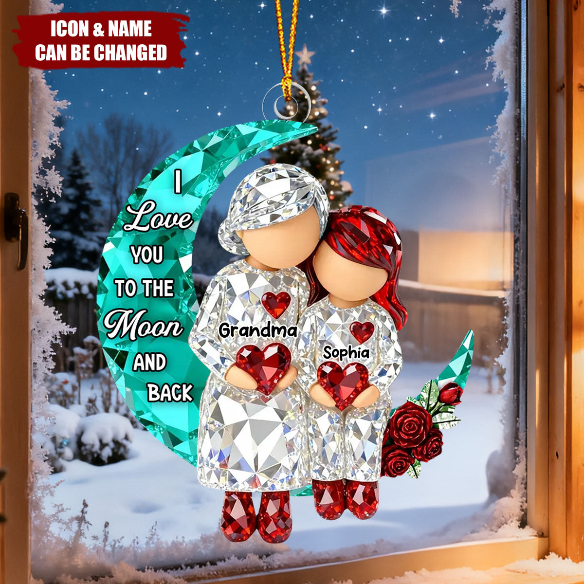 Personalized Grandparent & Grandkid Moon Sitting Acrylic Ornament With Names | 3D Effect - Xmas Birthday Gift For Grandparents
