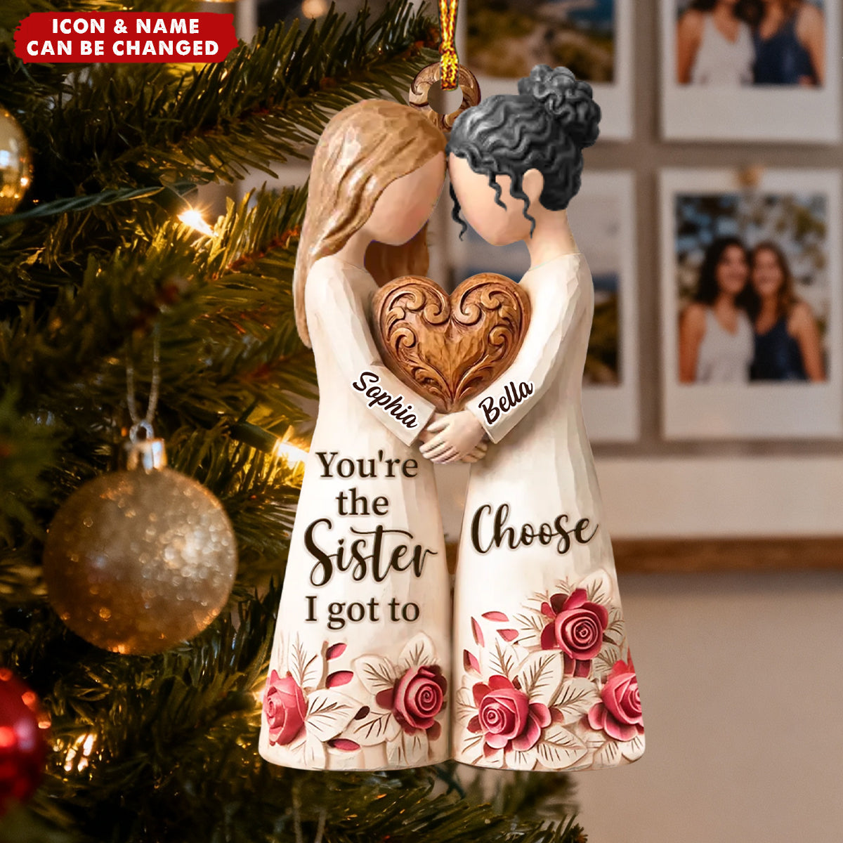 Personalized Best Friend Hugging Wood Ornament With Names And Icon | 3D Effect – Christmas Decor Birthday Gift For Besties & Sister