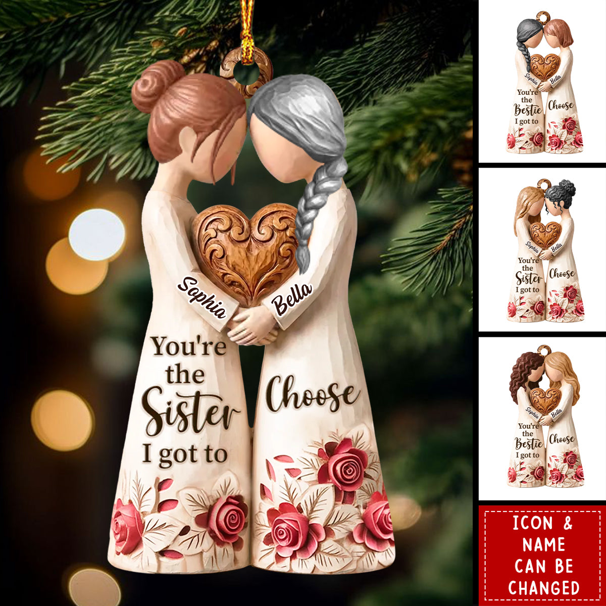 Personalized Best Friend Hugging Wood Ornament With Names And Icon | 3D Effect – Christmas Decor Birthday Gift For Besties & Sister
