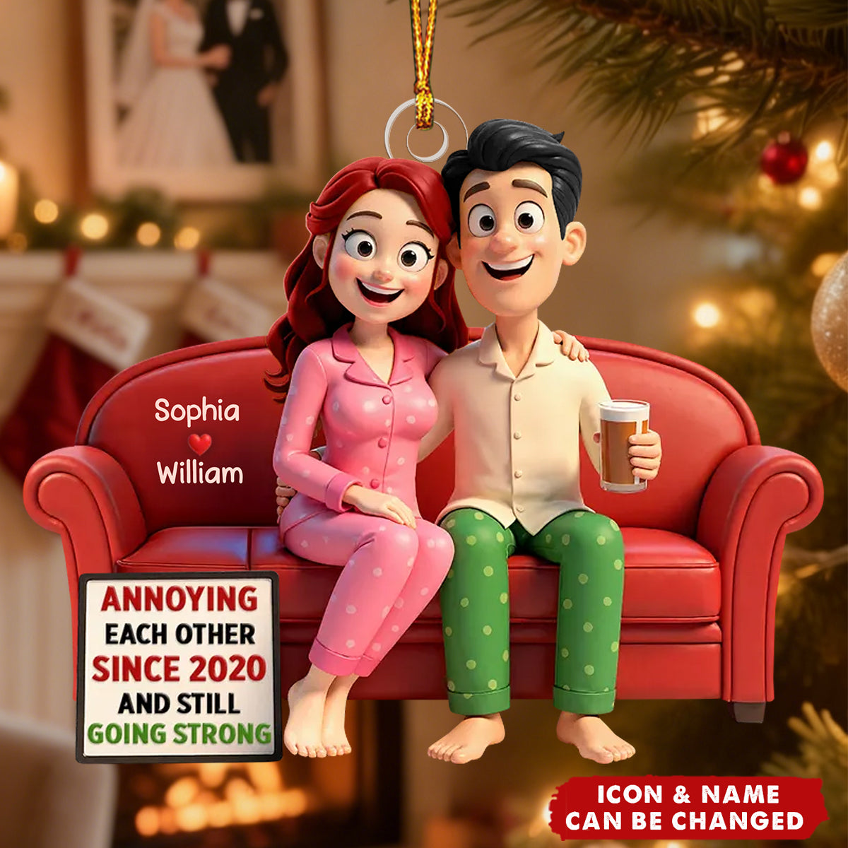 Personalized Funny Pajama Couple Acrylic Ornament With Names & Icons -"Annoying Each Other" Quote - Unique Christmas Gift For Couple