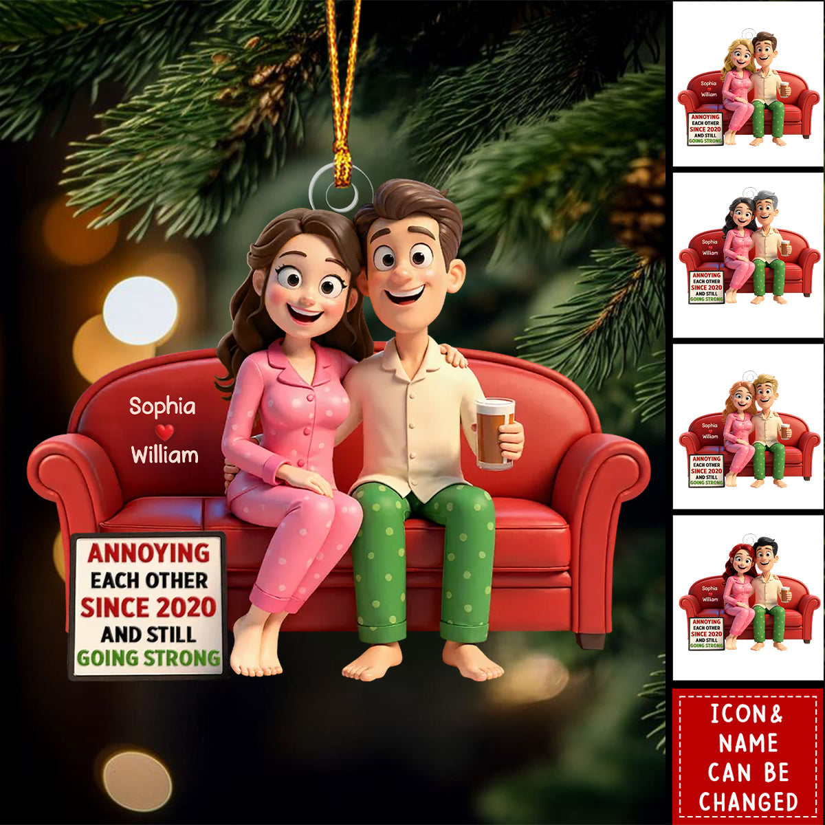 Personalized Funny Pajama Couple Acrylic Ornament With Names & Icons -"Annoying Each Other" Quote - Unique Christmas Gift For Couple