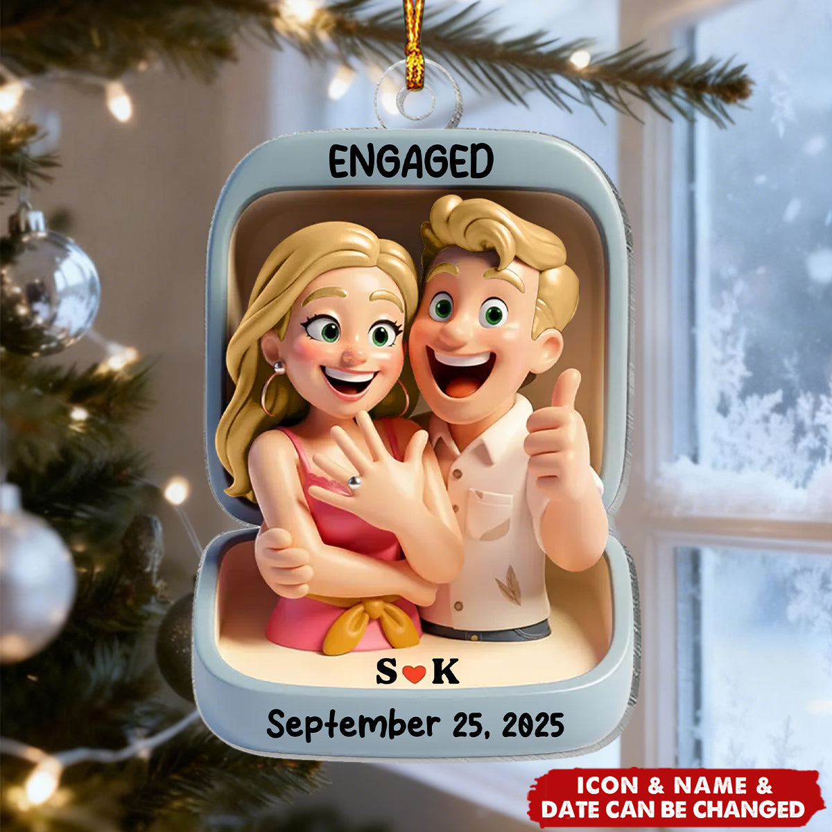 Personalized "She Said Yes" Proposal 3D Effect Acrylic Ornament With Names & Date & Icons - First Christmas Romantic Gift For Engaged Couple