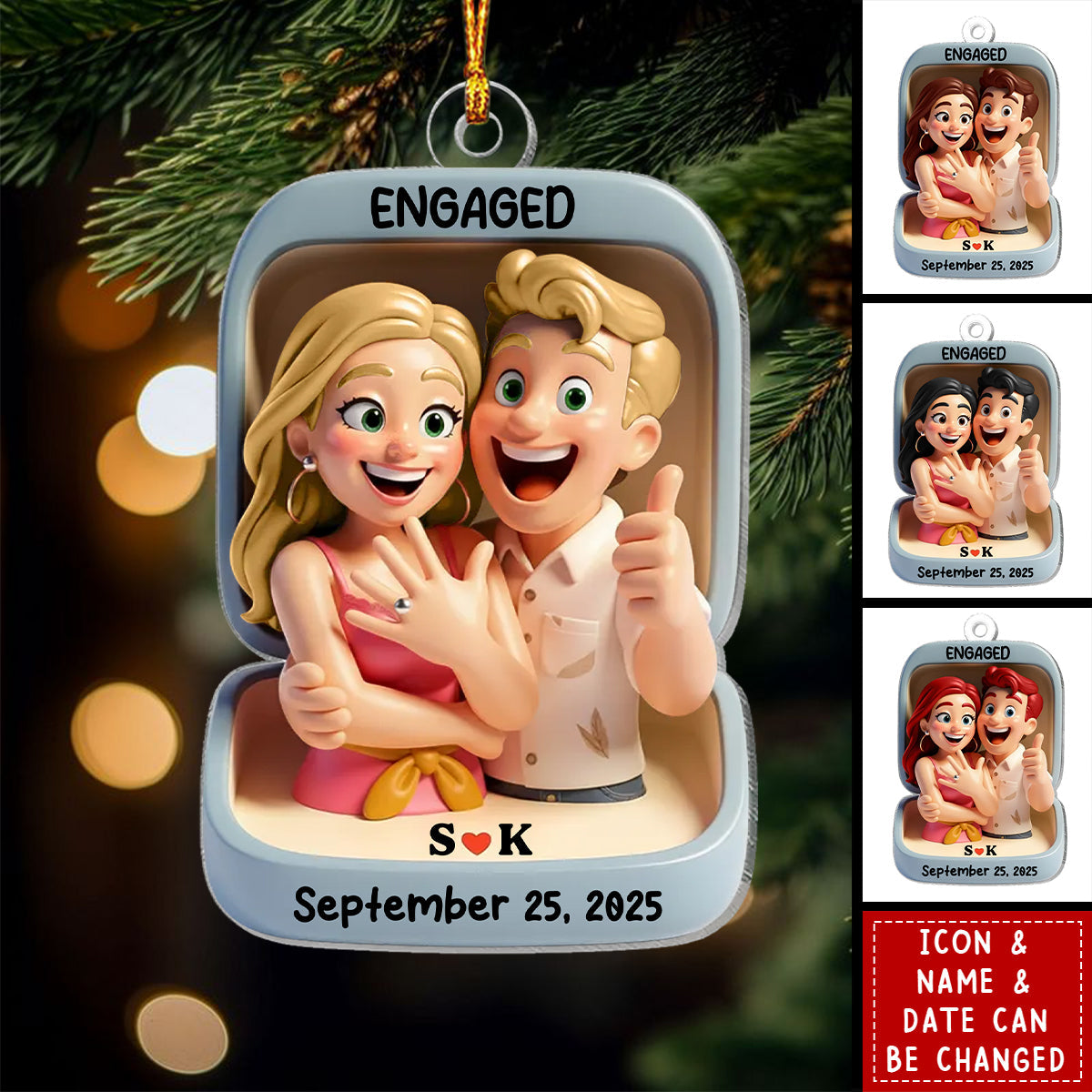 Personalized "She Said Yes" Proposal 3D Effect Acrylic Ornament With Names & Date & Icons - First Christmas Romantic Gift For Engaged Couple