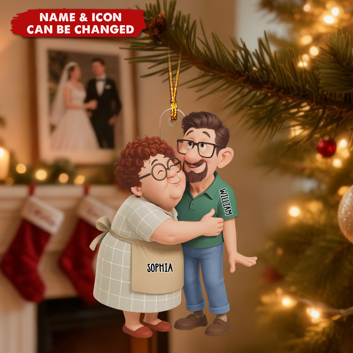 Personalized Couple Hugging Christmas Acrylic Ornament With Names & Icons |"Two Hearts One Journey" Quote | Unique Anniversary Xmas Gift For Couple