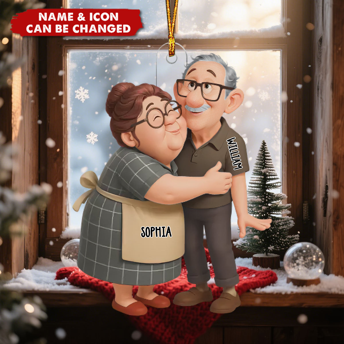 Personalized Couple Hugging Christmas Acrylic Ornament With Names & Icons |"Two Hearts One Journey" Quote | Unique Anniversary Xmas Gift For Couple