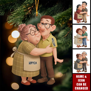 Personalized Couple Hugging Christmas Acrylic Ornament With Names & Icons |"Two Hearts One Journey" Quote | Unique Anniversary Xmas Gift For Couple