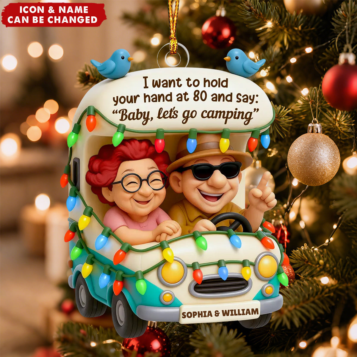 Personalized Old Couple Ornament With Names & Icons | Baby Let's Go Camping Quote | Cute Xmas Gift For Grandparents & Travel Couple Lovers