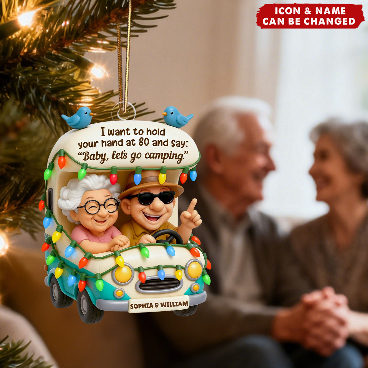 Personalized Old Couple Ornament With Names & Icons | Baby Let's Go Camping Quote | Cute Xmas Gift For Grandparents & Travel Couple Lovers