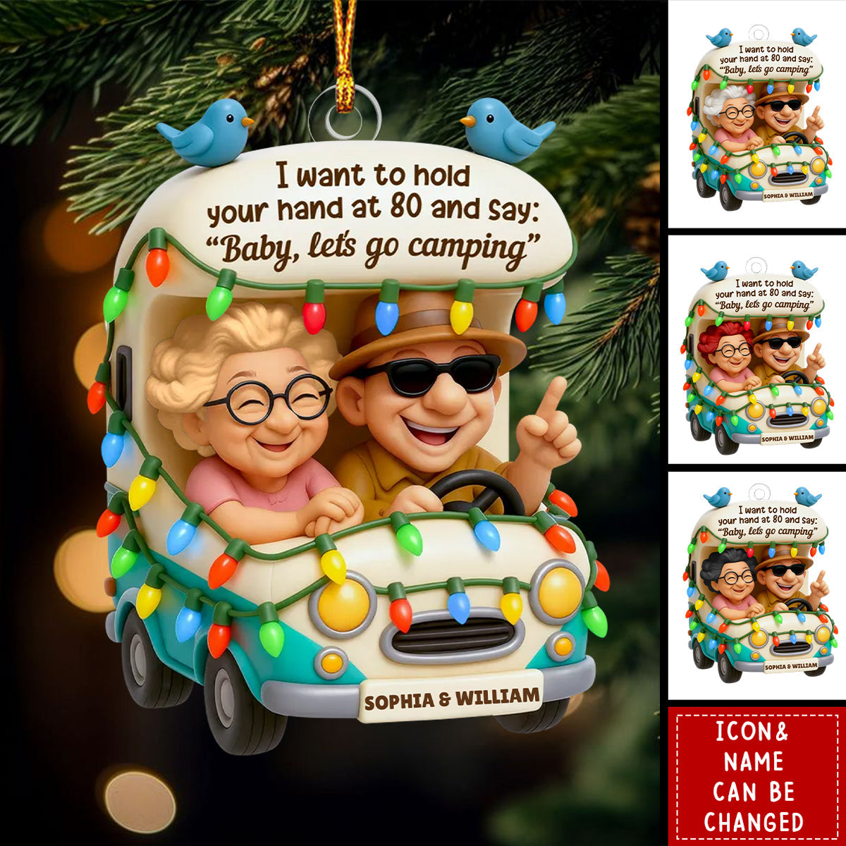 Personalized Old Couple Ornament With Names & Icons | Baby Let's Go Camping Quote | Cute Xmas Gift For Grandparents & Travel Couple Lovers