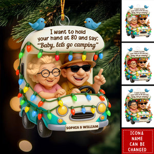 Personalized Old Couple Ornament With Names & Icons | Baby Let's Go Camping Quote | Cute Xmas Gift For Grandparents & Travel Couple Lovers