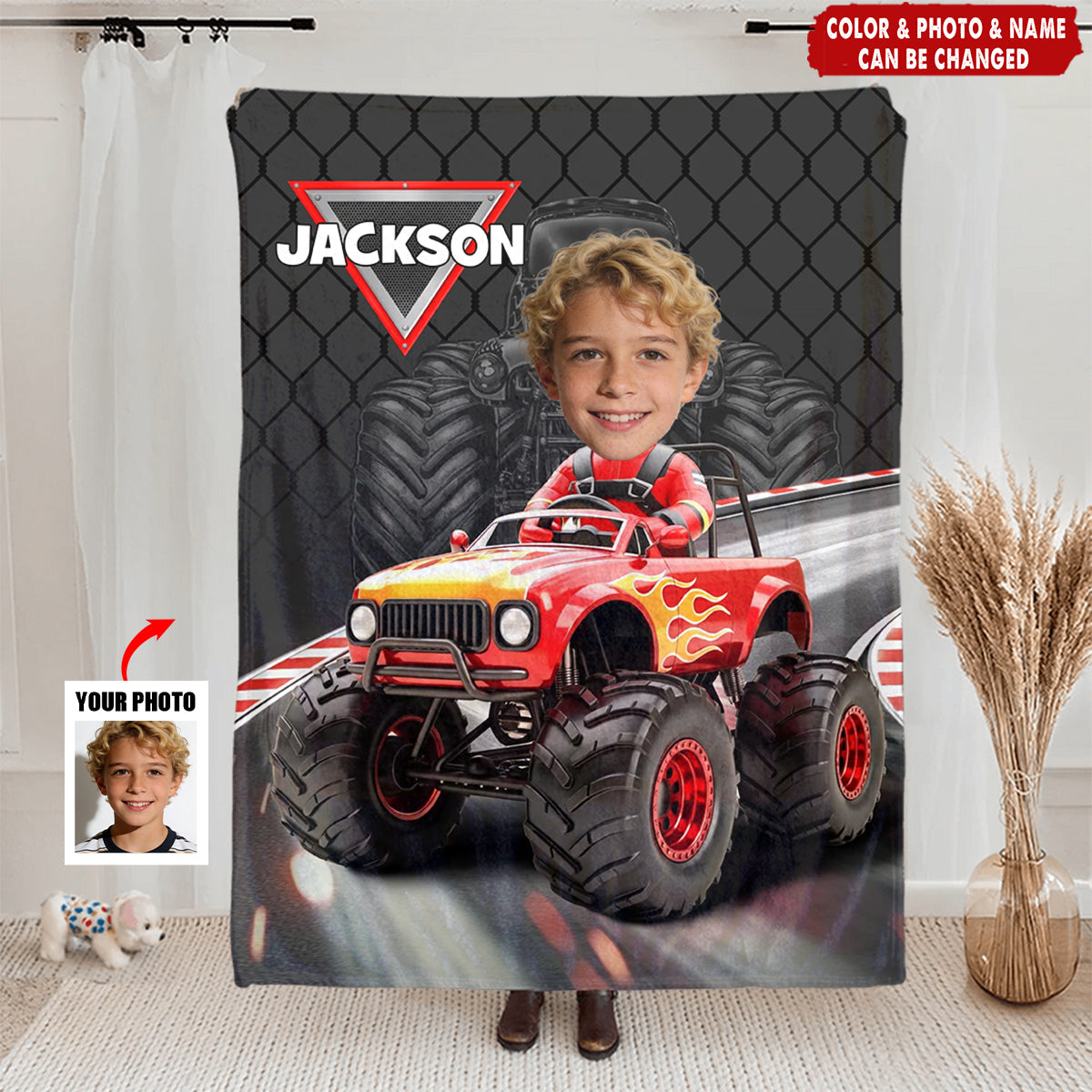Personalized Off-road Truck Fleece Blanket With Name & Photo & Color - Christmas | Birthday Gift For Kids And Racing Fans