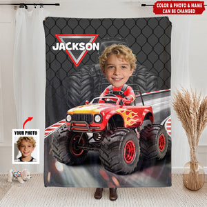 Personalized Off-road Truck Fleece Blanket With Name & Photo & Color - Christmas | Birthday Gift For Kids And Racing Fans