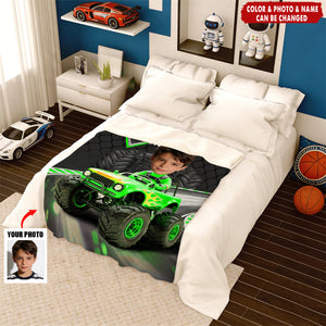 Personalized Off-road Truck Fleece Blanket With Name & Photo & Color - Christmas | Birthday Gift For Kids And Racing Fans