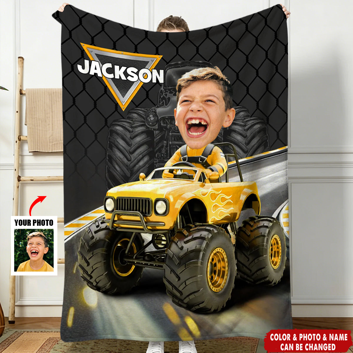 Personalized Off-road Truck Fleece Blanket With Name & Photo & Color - Christmas | Birthday Gift For Kids And Racing Fans