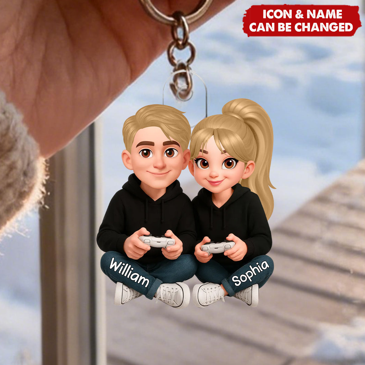 Personalized 3D Effect Couple Gaming Acrylic Keychain With Names & Icons - Valentine's Day Christmas Birthday Gift for Gamer Couple