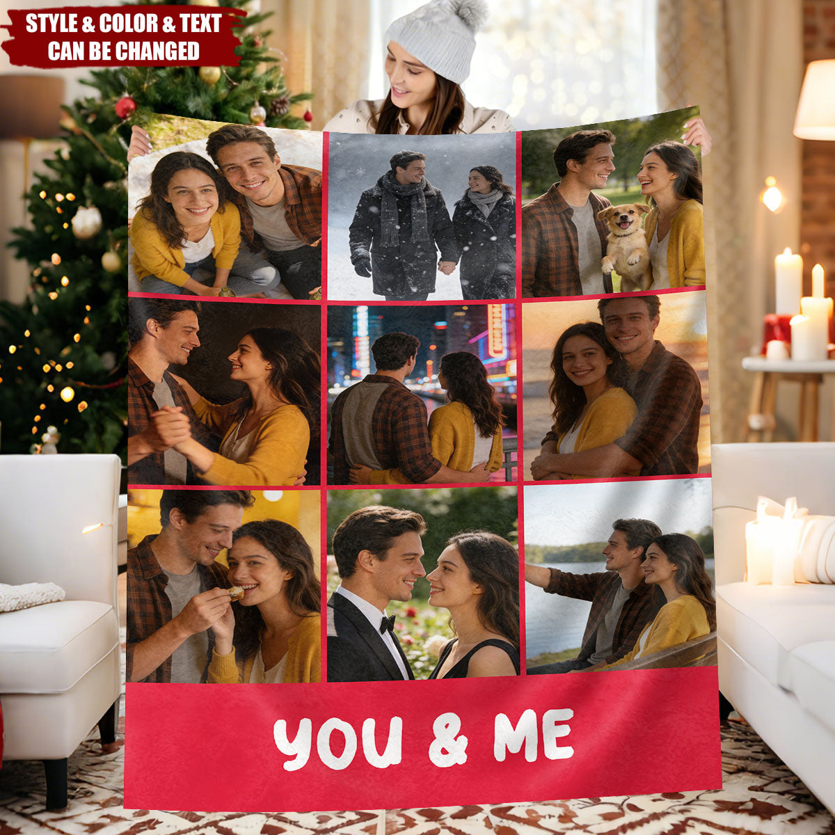 Personalized Photo Grid Collage Fleece Blanket With Romantic Text - Keepsake | Valentine's Day Gift For Wife & Husband