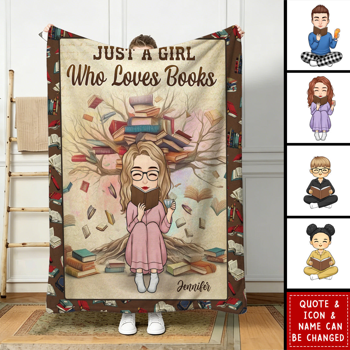 Personalized "Just A Girl Who Loves Books" Blanket with Custom Name & Icon & Quote | Cozy Bookish Gift For Book Lovers Readers Library Fans