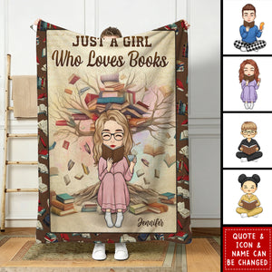 Personalized "Just A Girl Who Loves Books" Blanket with Custom Name & Icon & Quote | Cozy Bookish Gift For Book Lovers Readers Library Fans
