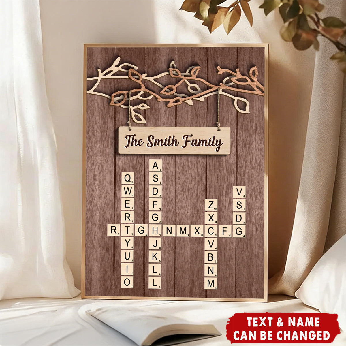 Personalized Rustic Tree Branch Family Poster With Family Name Or Text | Crossword Puzzle Art | Heartfelt Christmas Gift For Family Bedroom