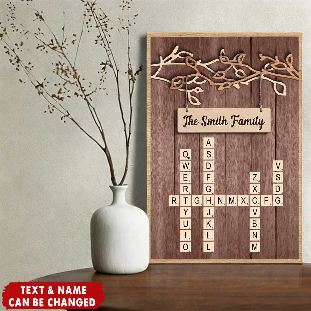 Personalized Rustic Tree Branch Family Poster With Family Name Or Text | Crossword Puzzle Art | Heartfelt Christmas Gift For Family Bedroom