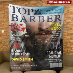 Personalized Top Barber Magazine Cover Fleece Blanket With Name & Photo - Graduation | Birthday | Graduation Gift For Salon Stylist
