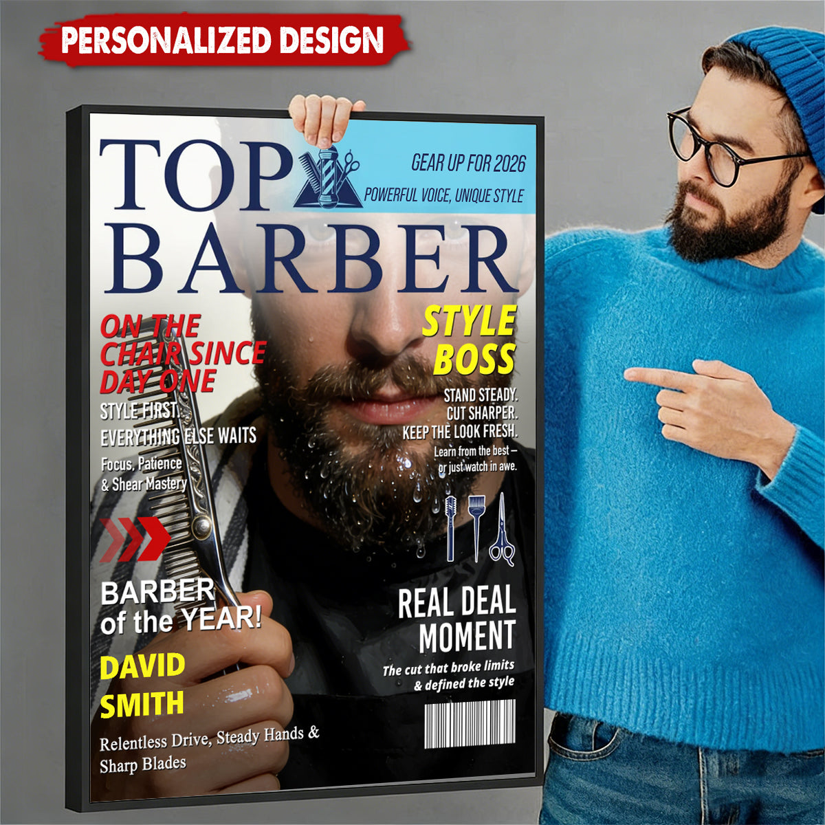Personalized Barber Magazine Cover Poster With Photo & Name & Headline | Unique Barber Shop Decor Gift For Master Groomers