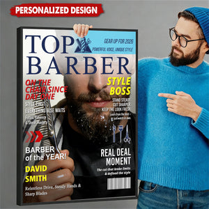 Personalized Barber Magazine Cover Poster With Photo & Name & Headline | Unique Barber Shop Decor Gift For Master Groomers