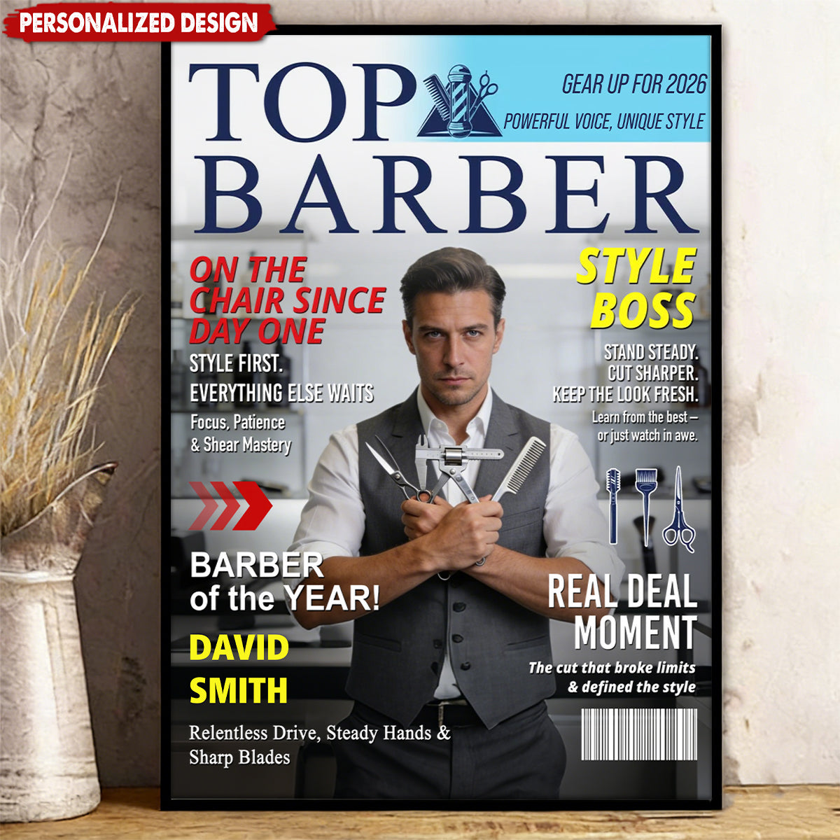 Personalized Barber Magazine Cover Poster With Photo & Name & Headline | Unique Barber Shop Decor Gift For Master Groomers