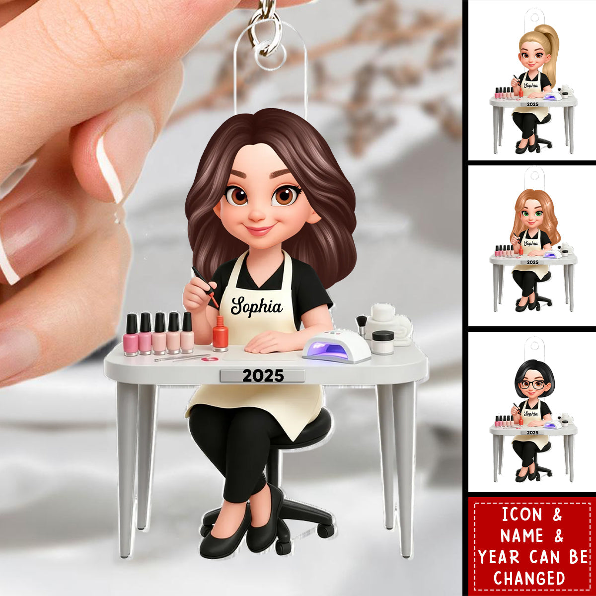 Personalized 3D Effect Nail Technician Acrylic Ornament With Name & Icons - Bag Accessory | Salon Opening Keepsake Gift For Nail Lover