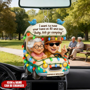 Personalized 3D Effect Happy Camping Old Couple Acrylic Car Ornament With Icons & Names - Trip Keepsake Anniversary Gift For Grandparents